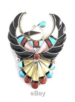 Native American Sterling Silver Zuni Multicolored Thunder Bird Pin Pendant