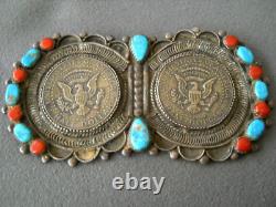 Native American Turquoise/Coral/ Cluster/Half Dollars Sterling Silver Pin 4 80g