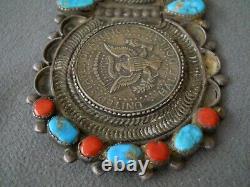 Native American Turquoise/Coral/ Cluster/Half Dollars Sterling Silver Pin 4 80g