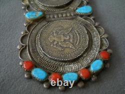 Native American Turquoise/Coral/ Cluster/Half Dollars Sterling Silver Pin 4 80g