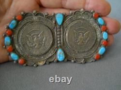 Native American Turquoise/Coral/ Cluster/Half Dollars Sterling Silver Pin 4 80g