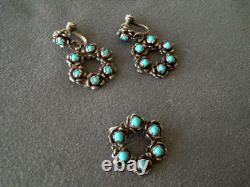 Native American Turquoise Flower Cluster Sterling Silver Screw Bk Earrings & Pin Native American Turquoise Flower Cluster Sterling Silver Screw Bk Earrings & Pin