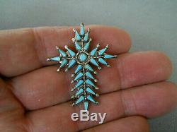 Native American Turquoise Petit Point Sterling Silver Cross Pendant / Pin Signed