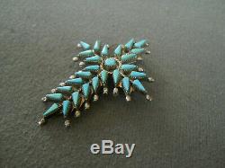 Native American Turquoise Petit Point Sterling Silver Cross Pendant / Pin Signed