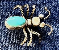 Native American Turquoise Silver Bug Pin 6 Twisted Wire Legs