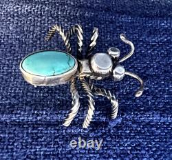 Native American Turquoise Silver Bug Pin 6 Twisted Wire Legs