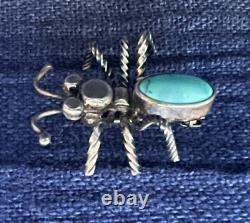 Native American Turquoise Silver Bug Pin 6 Twisted Wire Legs