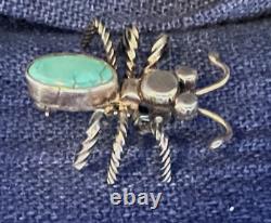 Native American Turquoise Silver Bug Pin 6 Twisted Wire Legs