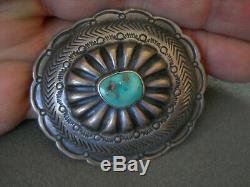 Native American Turquoise Sterling Silver Stamped Repousse Concho Pin Brooch