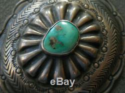 Native American Turquoise Sterling Silver Stamped Repousse Concho Pin Brooch
