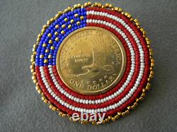 Native American US Flag Bead Work Gold Tone Dollar Coin Leather Back Brooch Pin