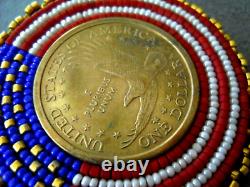 Native American US Flag Bead Work Gold Tone Dollar Coin Leather Back Brooch Pin