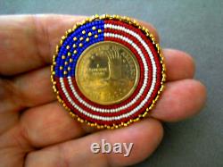 Native American US Flag Bead Work Gold Tone Dollar Coin Leather Back Brooch Pin