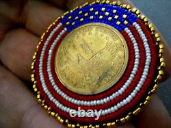 Native American US Flag Bead Work Gold Tone Dollar Coin Leather Back Brooch Pin