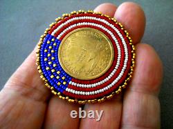 Native American US Flag Bead Work Gold Tone Dollar Coin Leather Back Brooch Pin