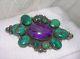Native American Vtg Sterling Silver Turquoise & Charoite Brooch Signed D M Lee