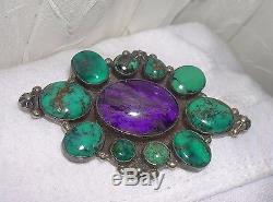Native American VTG Sterling Silver Turquoise & Charoite Brooch signed D M LEE