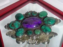 Native American VTG Sterling Silver Turquoise & Charoite Brooch signed D M LEE