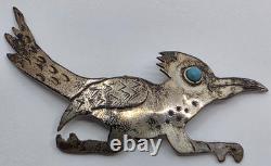 Native American Vintage Large 3 Sterling & Turquoise Roadrunner Pin Brooch