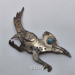 Native American Vintage Large 3 Sterling & Turquoise Roadrunner Pin Brooch