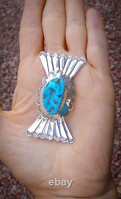 Native American Vintage Silver Turquoise Sandcast Bar Pin