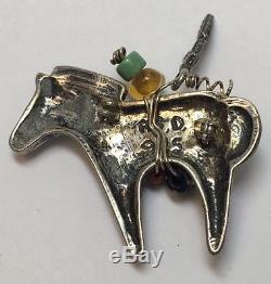 Native American Vintage Sterling Silver Western Horse Pin Brooch Zuni Turquoise