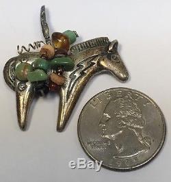 Native American Vintage Sterling Silver Western Horse Pin Brooch Zuni Turquoise