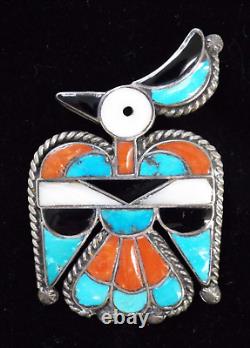 Native American ZUNI Inlay Sterling Silver Thunderbird Pin Brooch 21g Turquoise