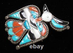 Native American ZUNI Inlay Sterling Silver Thunderbird Pin Brooch 21g Turquoise