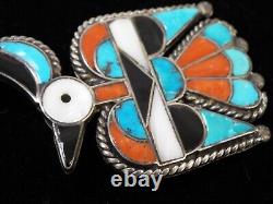 Native American ZUNI Inlay Sterling Silver Thunderbird Pin Brooch 21g Turquoise