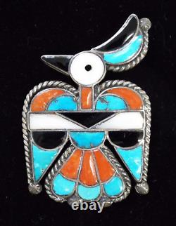 Native American ZUNI Inlay Sterling Silver Thunderbird Pin Brooch 21g Turquoise