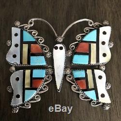 Native American ZUNI Multi-Gemstone Inlay Butterfly Pin Brooch Pendant