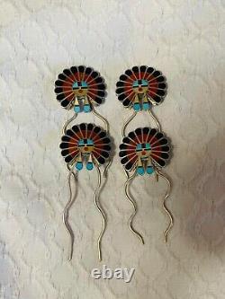 Native American Zuni April Unkestine Sterling Silver Coral Sunface Hair Pin