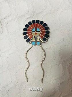 Native American Zuni April Unkestine Sterling Silver Coral Sunface Hair Pin