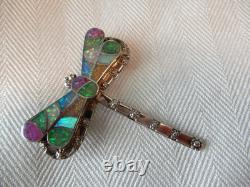 Native American Zuni Handmade Silver Dragonfly Multi-Stone Inlay Pendant / Pin