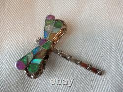 Native American Zuni Handmade Silver Dragonfly Multi-Stone Inlay Pendant / Pin