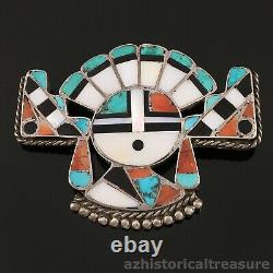 Native American Zuni Handmade Silver Mosaic Inlay Horned Sun Kachina Pin Brooch