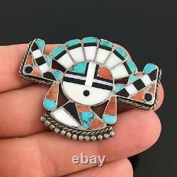 Native American Zuni Handmade Silver Mosaic Inlay Horned Sun Kachina Pin Brooch
