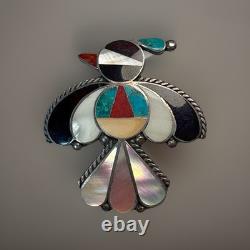 Native American Zuni Handmade Silver Mosaic Inlay Thunderbird Pin Brooch