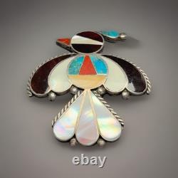 Native American Zuni Handmade Silver Mosaic Inlay Thunderbird Pin Brooch