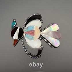 Native American Zuni Handmade Silver Mosaic Inlay Thunderbird Pin Brooch