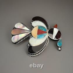 Native American Zuni Handmade Silver Mosaic Inlay Thunderbird Pin Brooch