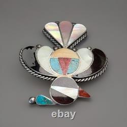 Native American Zuni Handmade Silver Mosaic Inlay Thunderbird Pin Brooch