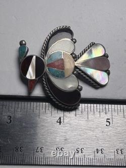 Native American Zuni Handmade Silver Mosaic Inlay Thunderbird Pin Brooch