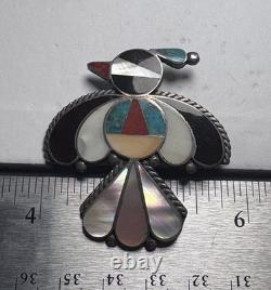 Native American Zuni Handmade Silver Mosaic Inlay Thunderbird Pin Brooch