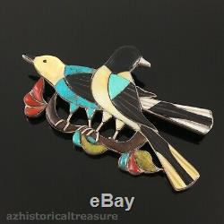 Native American Zuni Handmade Silver Multi-stone Inlay Birds Pin Brooch