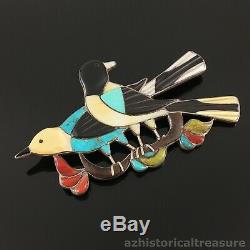 Native American Zuni Handmade Silver Multi-stone Inlay Birds Pin Brooch