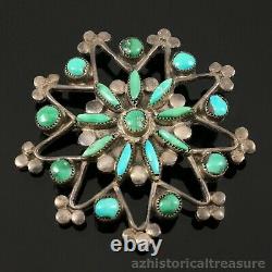 Native American Zuni Handmade Silver & Natural Turquoise Star Flower Pin Brooch