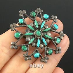 Native American Zuni Handmade Silver & Natural Turquoise Star Flower Pin Brooch