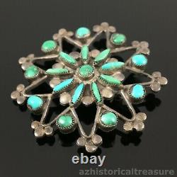 Native American Zuni Handmade Silver & Natural Turquoise Star Flower Pin Brooch